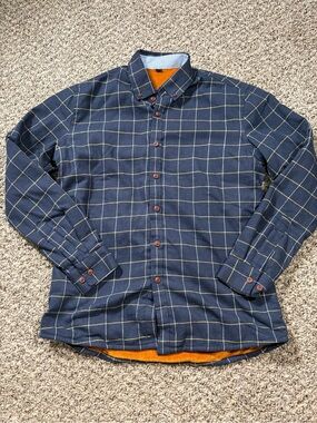 Men's Navy Windowpane Button-Down Shirt with Yellow Grid